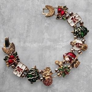 Vintage TOFA Christmas Slider Charm Bracelet Enamel Santa Bells Ornaments Signed